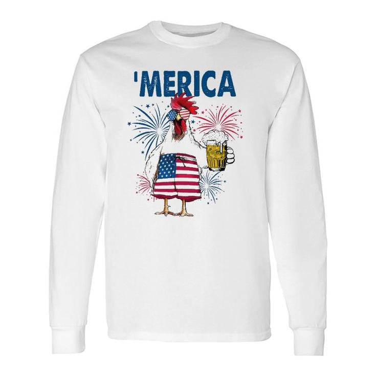 Merica Chicken With Beer Usa Flag 4Th Of July Long Sleeve T-Shirt T-Shirt