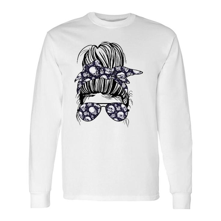 Messy Bun Skull With Flowers Print Sunglasses Goth Long Sleeve T-Shirt T-Shirt