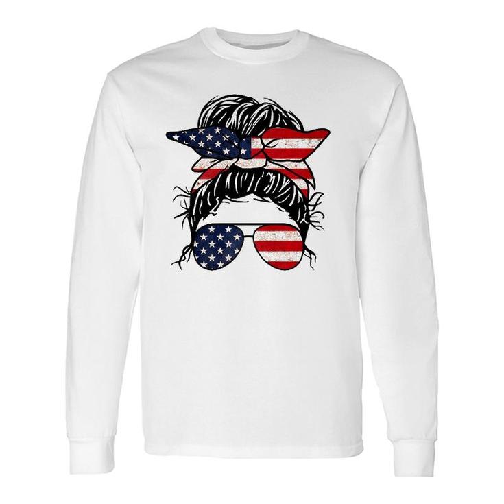 Messy Bun Usa Flag Glasses 4Th Of July Patriotic Long Sleeve T-Shirt T-Shirt