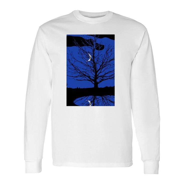 Moon With Tree Cobalt Blue And Black Long Sleeve T-Shirt T-Shirt