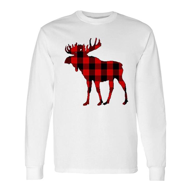 Moose Buffalo Red Plaid Long Sleeve T-Shirt