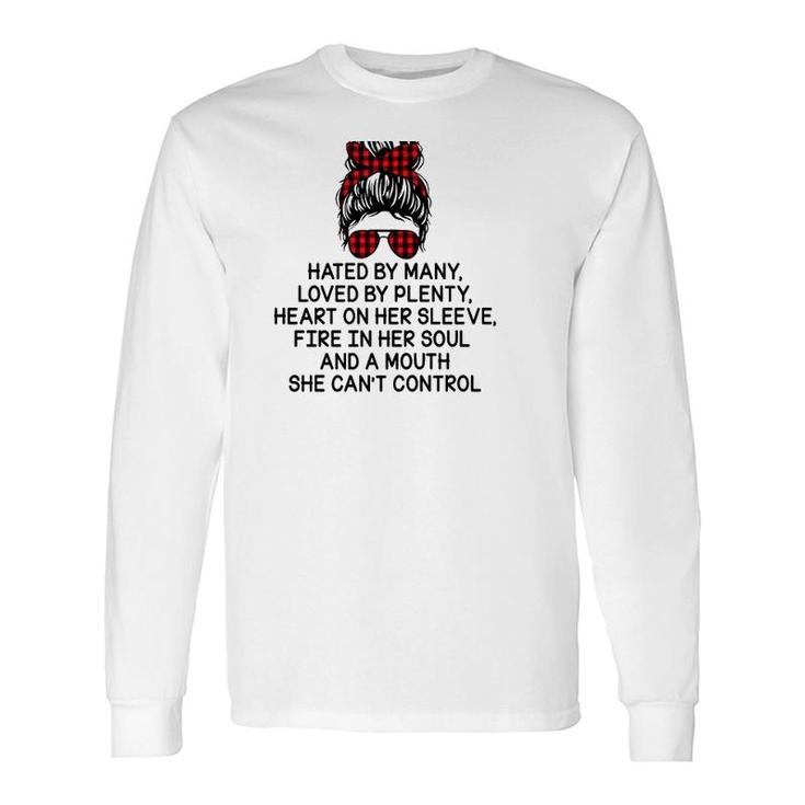 Nurse Hated By Many Loved By Plenty Heart On Her Sleeve Fire In Her Soul And A Mouth She Can’T Control Messy Bun Buffalo Plaid Bandana Long Sleeve T-Shirt