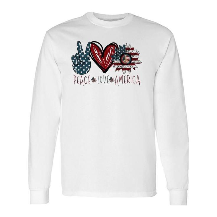 Peace Love America American Flag Sunflower Long Sleeve T-Shirt