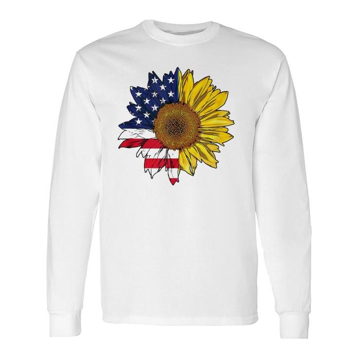 Plus Size Graphic Sunflower Painting With American Flag Long Sleeve T-Shirt