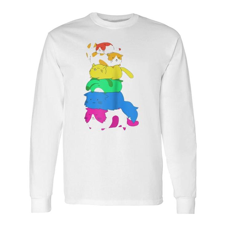 Purride Rainbow Lgbt Cat Pile Feline Gay Pride Cat Long Sleeve T-Shirt T-Shirt