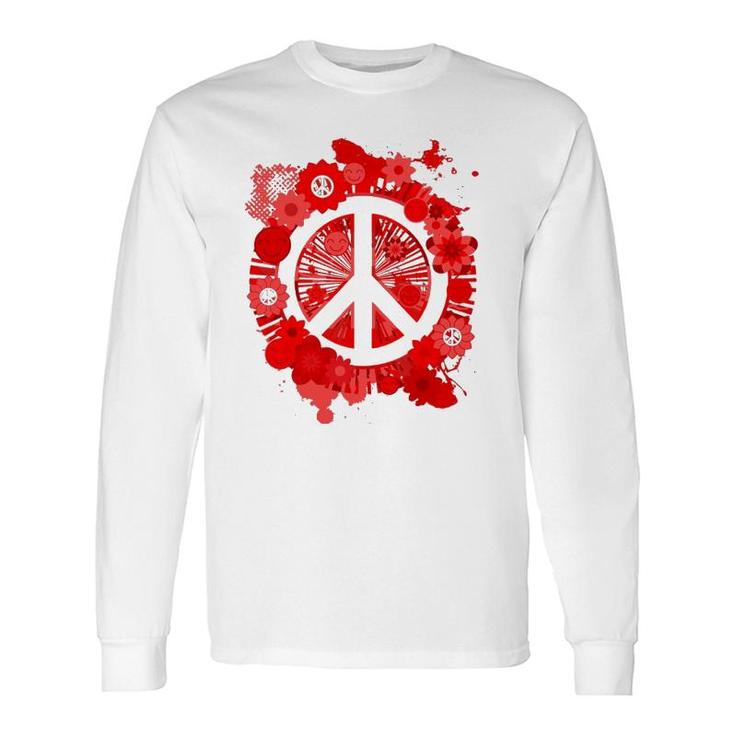 Red Peace Sign 70S Hippie Happiness Flowers Long Sleeve T-Shirt T-Shirt