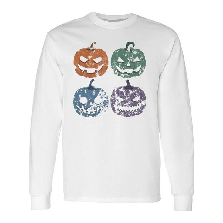 Retro Halloween Creepy Jack O Lantern Faces Trick Or Treat Long Sleeve T-Shirt T-Shirt