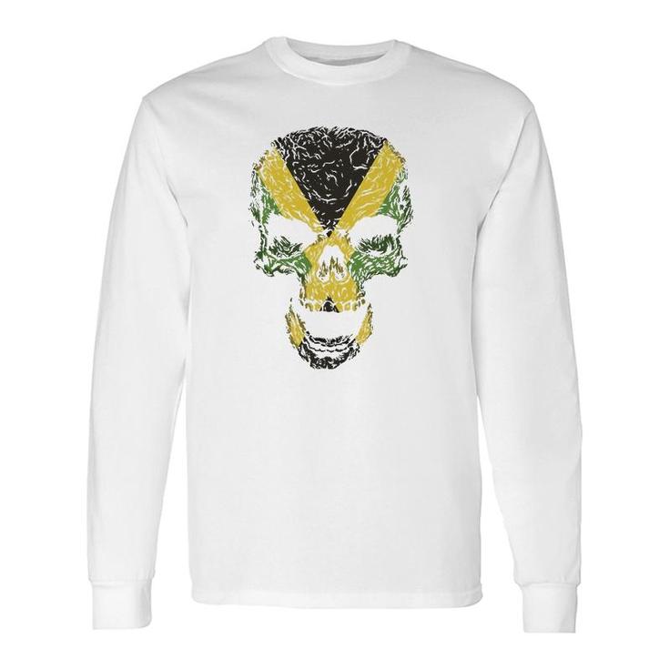 Skull With Jamaica Flag Skeleton Jamaican Roots Long Sleeve T-Shirt T-Shirt