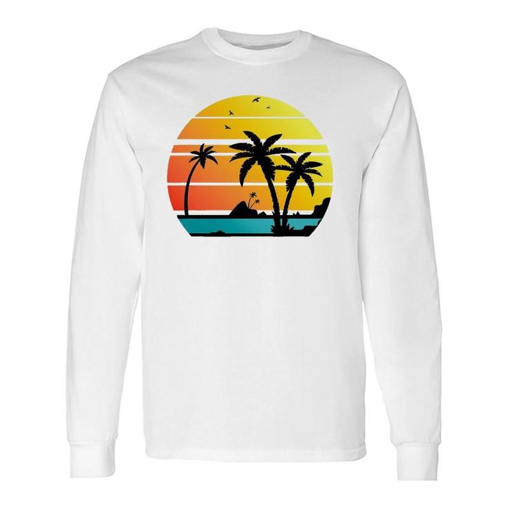 Sunset Coconut Palm Trees Summer Vibes Retro Tropical Summer Long Sleeve T-Shirt T-Shirt
