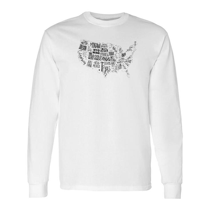 Usa Map Outline With State Names Graphic Long Sleeve T-Shirt T-Shirt