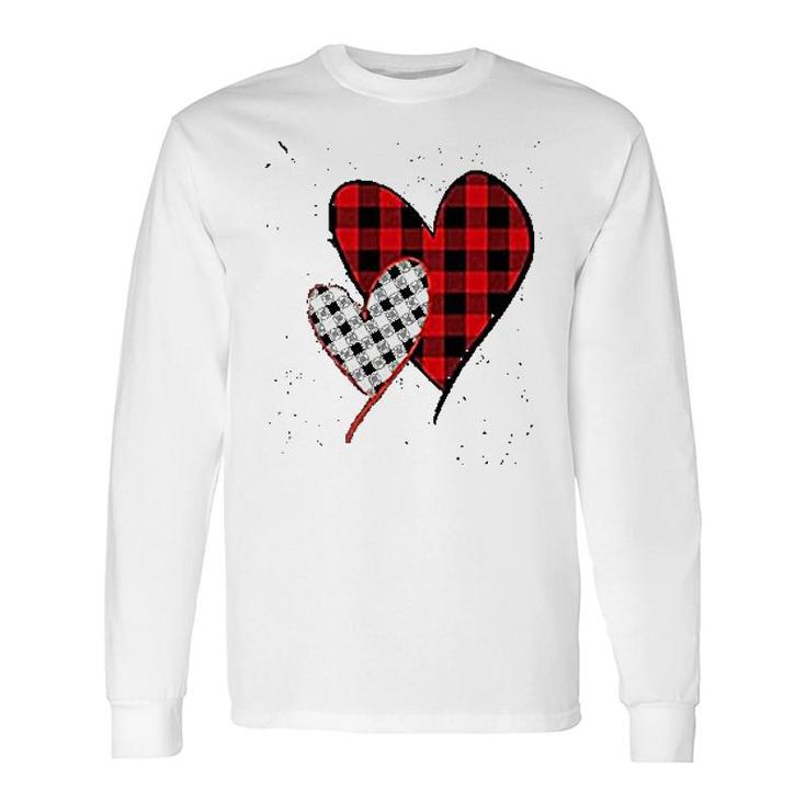 Valentines Day Buffalo Plaid Love Heart Print Graphic Casual Long Sleeve T-Shirt