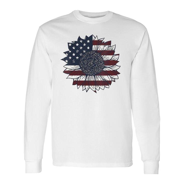 Vintage 4Th Of July Patriotic American Flag Sunflower V-Neck Long Sleeve T-Shirt