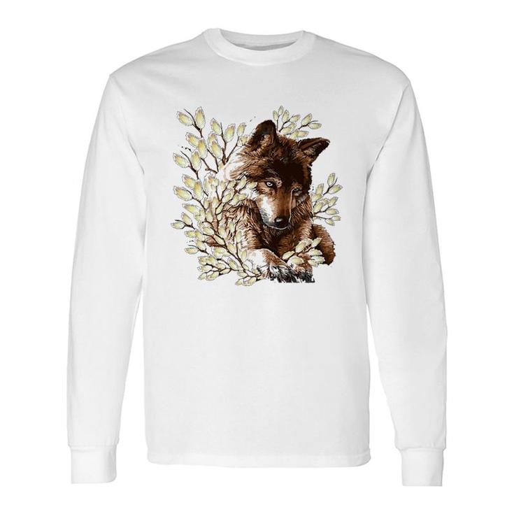 Wolf Flower Brown Long Sleeve T-Shirt T-Shirt