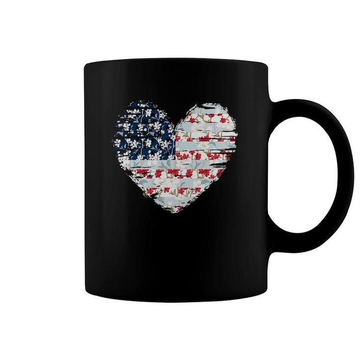 4Th Of July  For Women American Flag Floral Heart Gift Coffee Mug