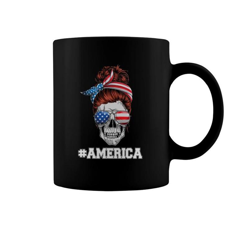 American Women Usa Flag Messy Bun Skull Mom 4Th Of July Coffee Mug