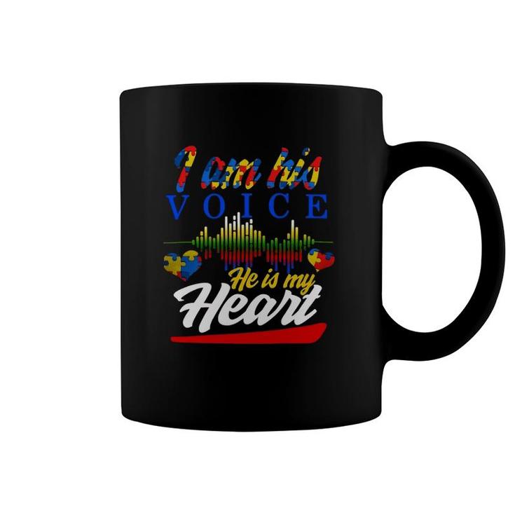Autism I Am His Voice He Is My Heart Autism Awareness Gift Hearts Heartbeat Puzzle Pieces Women Mom D Puzzle Pieces Coffee Mug