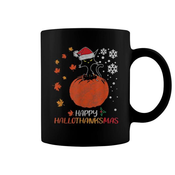 Black Cat Holiday Happy Hallowthanksmas Christmas Halloween Coffee Mug