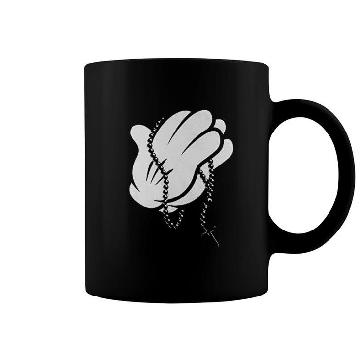 Cartoon Glove Prayer Hands Rosary Bead Cross Coffee Mug