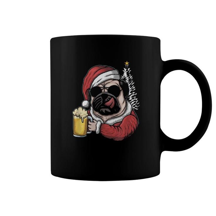 Christmas A Pitbull Dog Santa Hat And Drink Beer On Xmas Tee  Coffee Mug