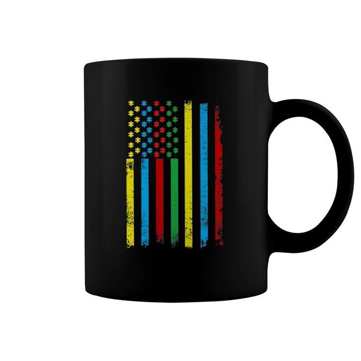 Colorful Usa Flag Puzzle Pieces World Autism Awareness Tee Coffee Mug