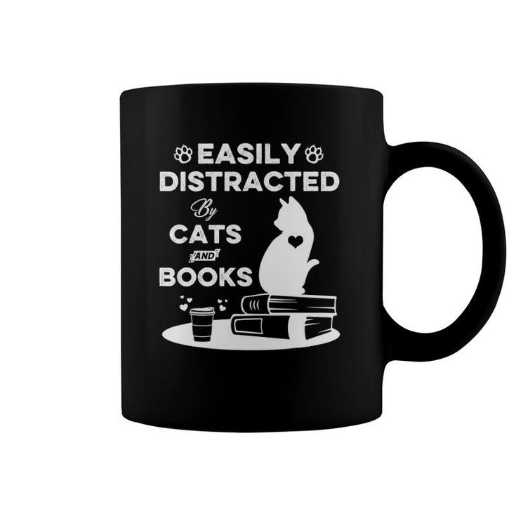 Easily Distracted By Cats And Books  Cat Book Lover Coffee Mug