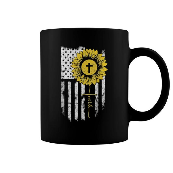 Faith Sunflower Cross Jesus Flag American Usa Christian  Coffee Mug