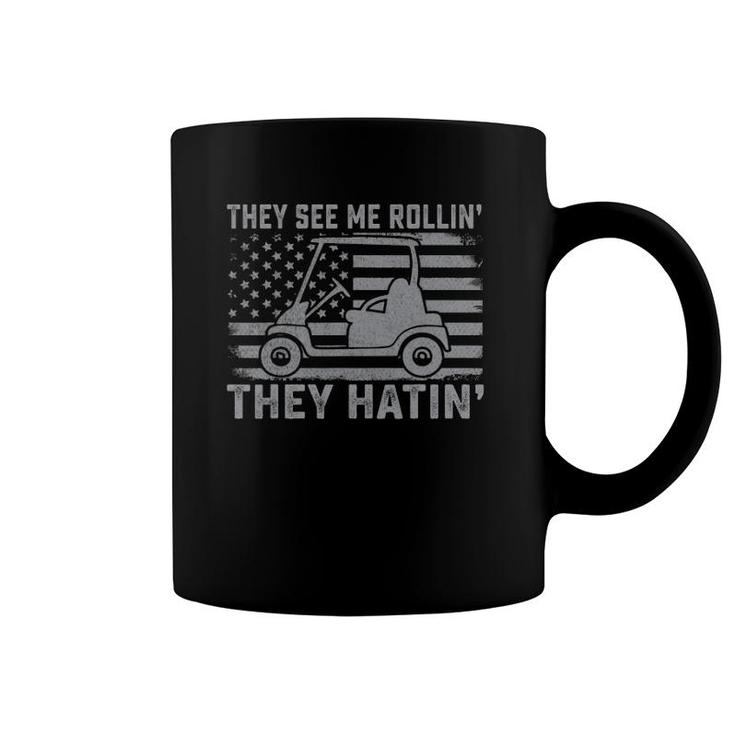 Funny Golfer Dad Husband Mens Us Flag They See Me Rolling Coffee Mug