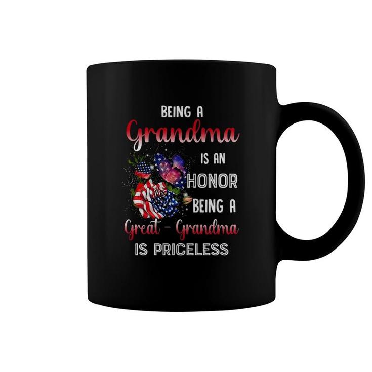 Grandmother Matching Family Being A Great Grandma Is Priceless Gift American Flag Flower Butterflies Coffee Mug