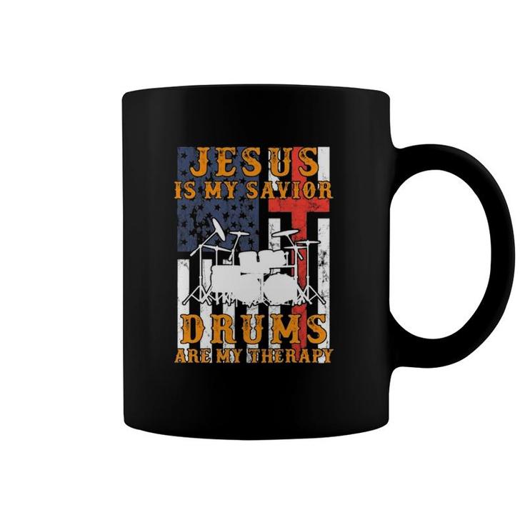 Jesus Is My Savior Drums Are My Therapy Vintage American Flag Coffee Mug