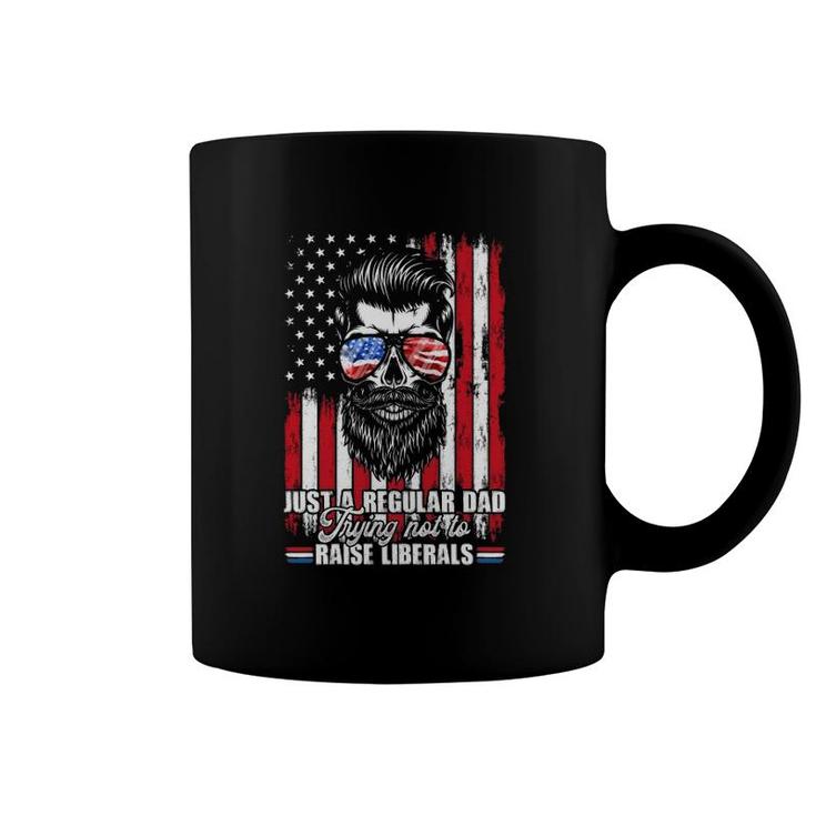 Just A Regular Dad Trying Not To Raise Liberals Beard Dad American Flag Sunglasses Coffee Mug