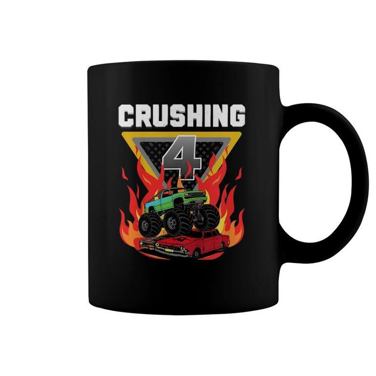 Kids Monster Truck Crushing I'm 4 Your Monster Truck 4Th Birthday Coffee Mug