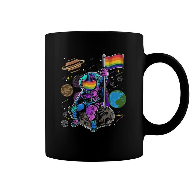 Lgbt Astronaut With Rainbow Pride Flag Sitting On The Moon Raglan Baseball Tee Coffee Mug
