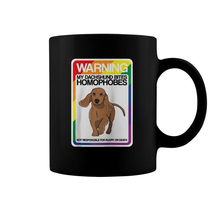 Lgbt Rainbow Funny Warning Dachshund Bites Homophobes Raglan Baseball Tee Coffee Mug