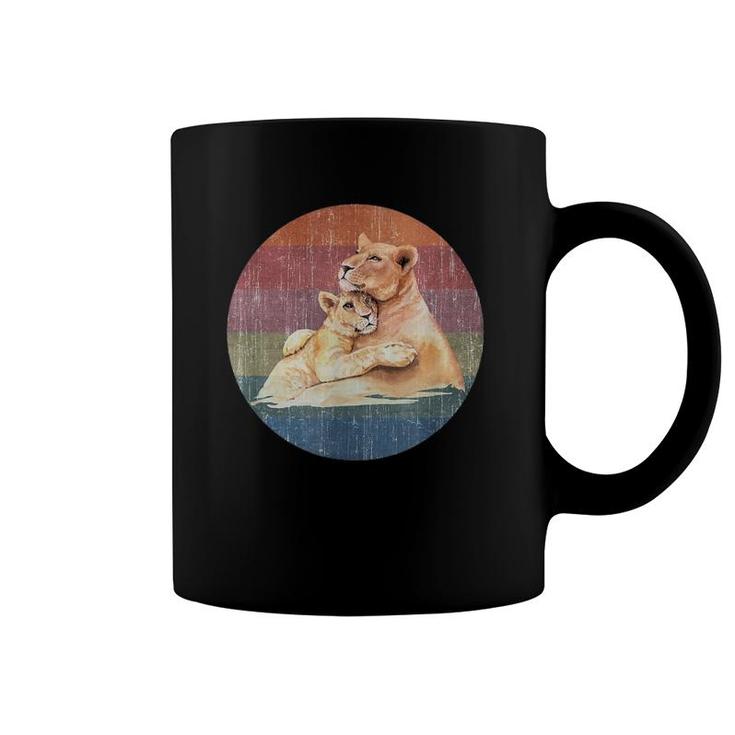 Lioness Lion Mom Baby Cub Watercolor On Distressed Sunset Coffee Mug