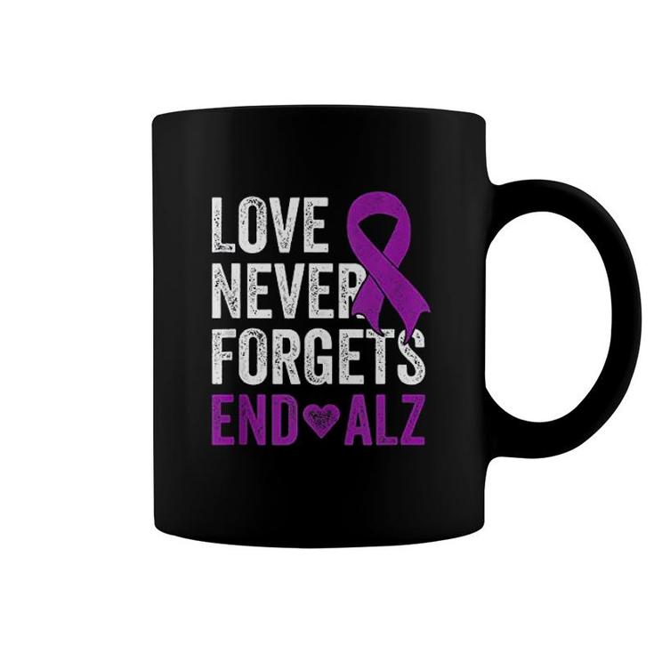 Love Never Forgets   Purple Ribbon Awareness End Alzheimers Coffee Mug