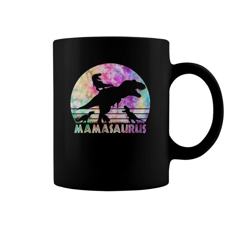 Mamasaurus Tie Dye Sunset Funny Dinosaur Mother Of 3 Kids Coffee Mug