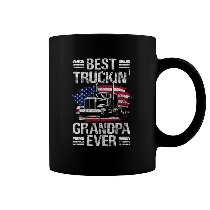 Mens Best Truckin Grandpa Ever Usa Flag Semi Truck Driver Gift Coffee Mug