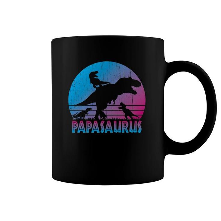Papasaurus 3 Kids Vintage Retro Sunset Funny Gift For Dad Coffee Mug