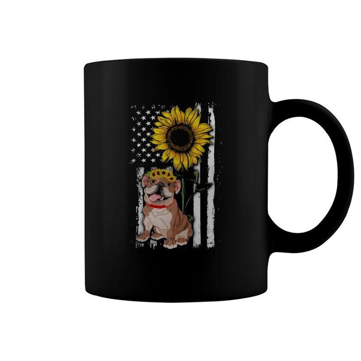 Sunflower American Flag Patriotic English Bulldog Dog Mom Dad Pet Lovers Coffee Mug