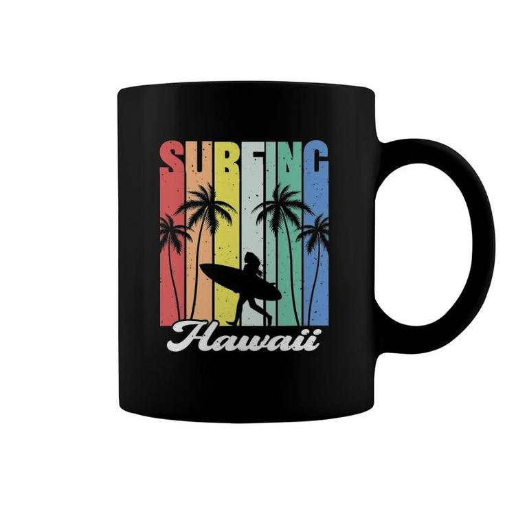 Surfing Hawaii Hawaiian Island Surfer Girl Palm Tree Rainbow Coffee Mug
