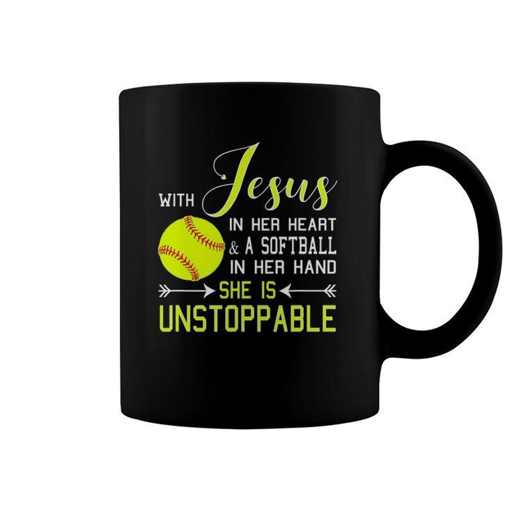 With Jesus In Her Heart & A Softball Hand She's Unstoppable Coffee Mug