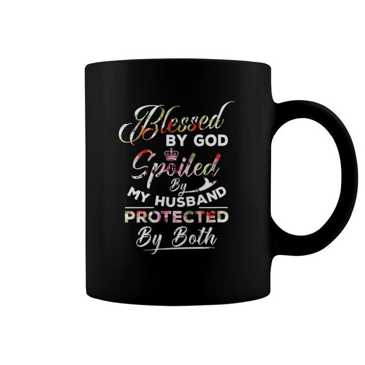 Womens Blessed By God Spoiled By My Husband Protected By Both V-Neck Coffee Mug