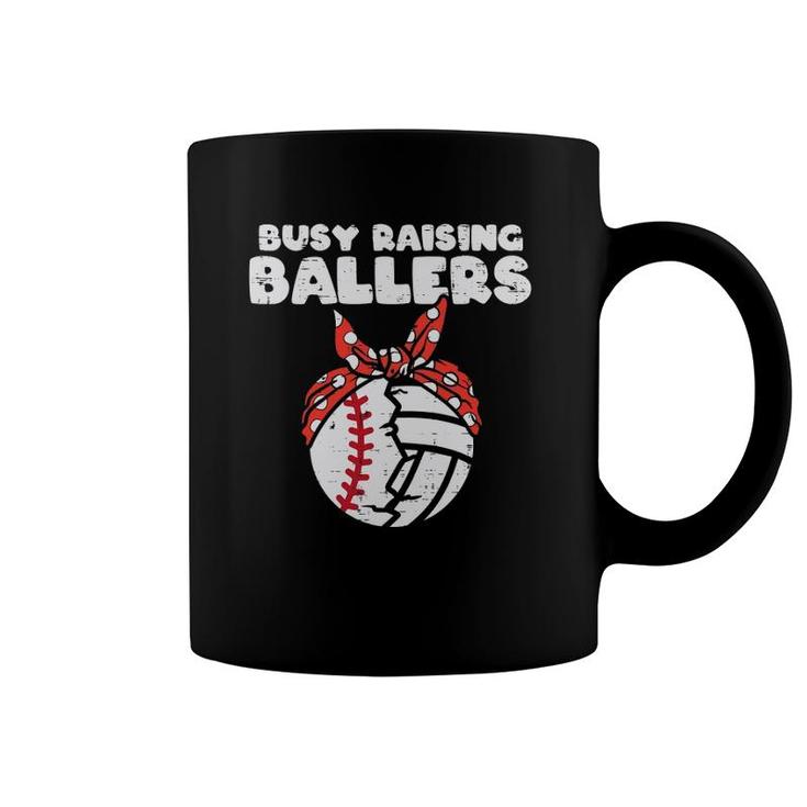 Womens Busy Raising Ballers Baseball Volleyball Mom Mothers Day Son  Coffee Mug