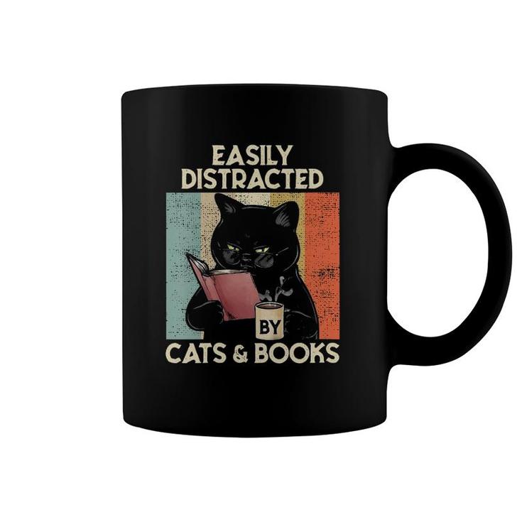 Womens Easily Distracted By Cats And Books For Cat Lovers V-Neck Coffee Mug