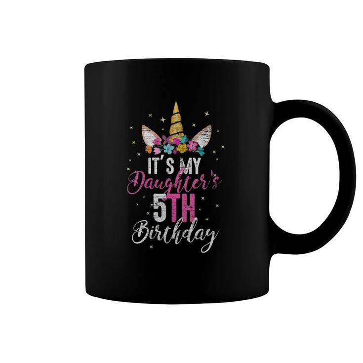 Womens Its My Daughters 5Th Birthay Mommy Gift Unicorn Birthday V-Neck Coffee Mug