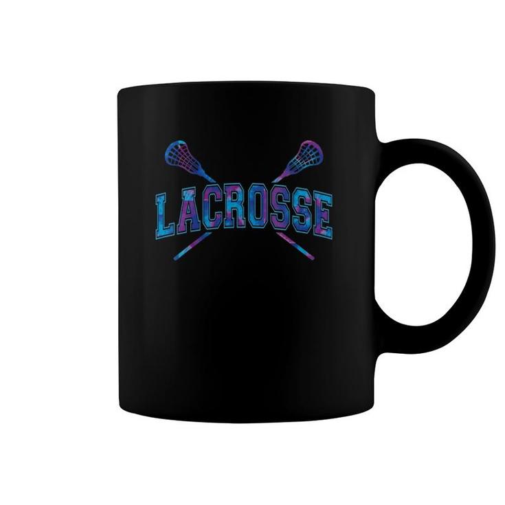 Womens Lacrosse  Girls Boy Purple Blue Tie-Dye Crossed Sticks V-Neck Coffee Mug