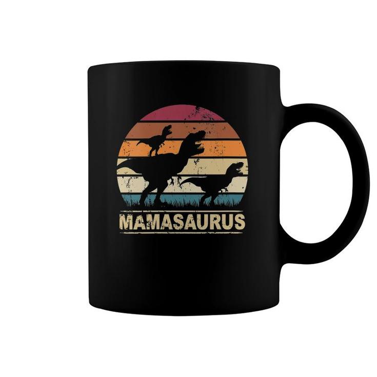 Womens Mamasaurus Rex Dinosaur Pajama Dino Twin Mom With Two Kids V-Neck Coffee Mug