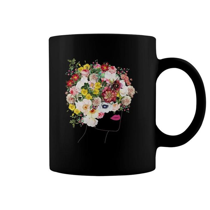Womens Portrait With Floral Hair Botanical Inspired Flowers Graphic V Neck Coffee Mug