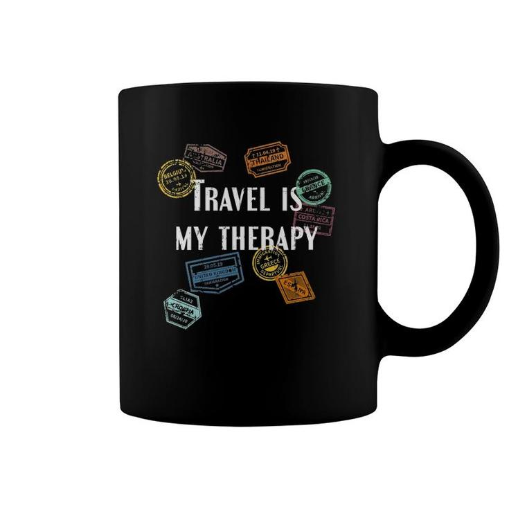 Womens Travel Is My Therapy Distressed World Traveler Passport V-Neck Coffee Mug