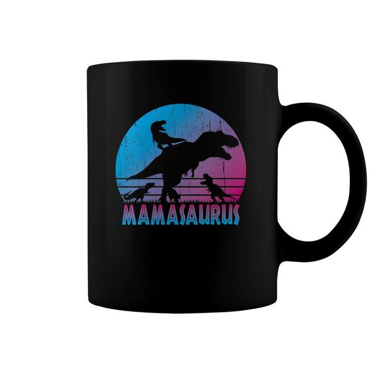 Womens Vintage Retro 3 Kids Mamasaurus Sunset Funny Gift For Mother V-Neck Coffee Mug